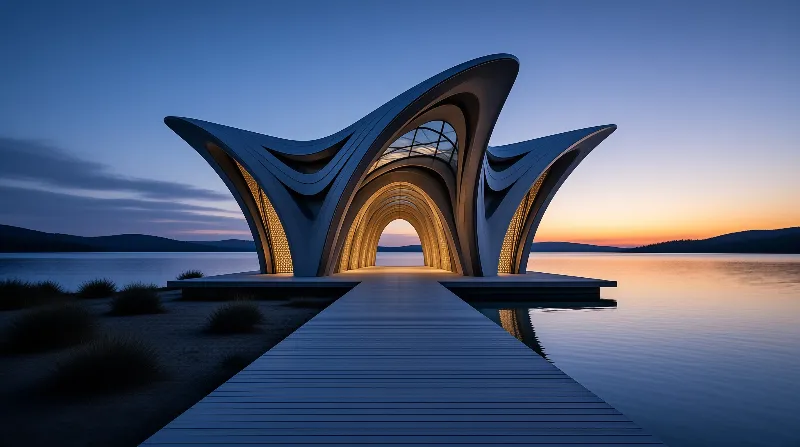 A white curvilinear structure glows warmly from within as it sits on a dock extending into a calm lake during twilight.