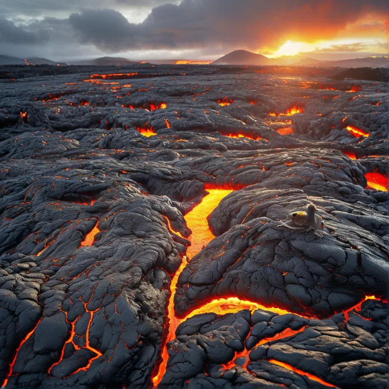 A small monkey sits on rugged black volcanic rock while bright orange lava flows through the crevices under a dramatic sky.