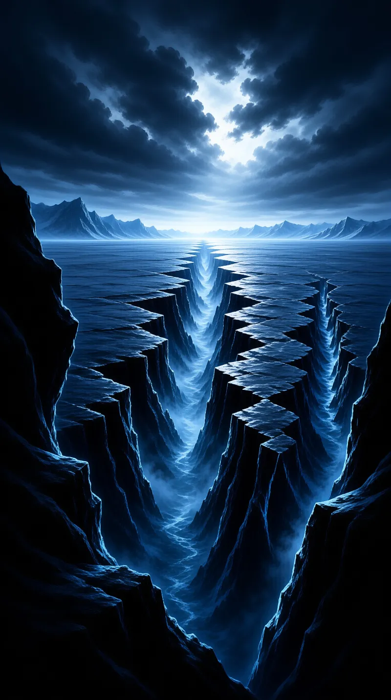 A deep zigzagging fissure cuts through a dark blue landscape leading toward a bright horizon under heavy clouds.