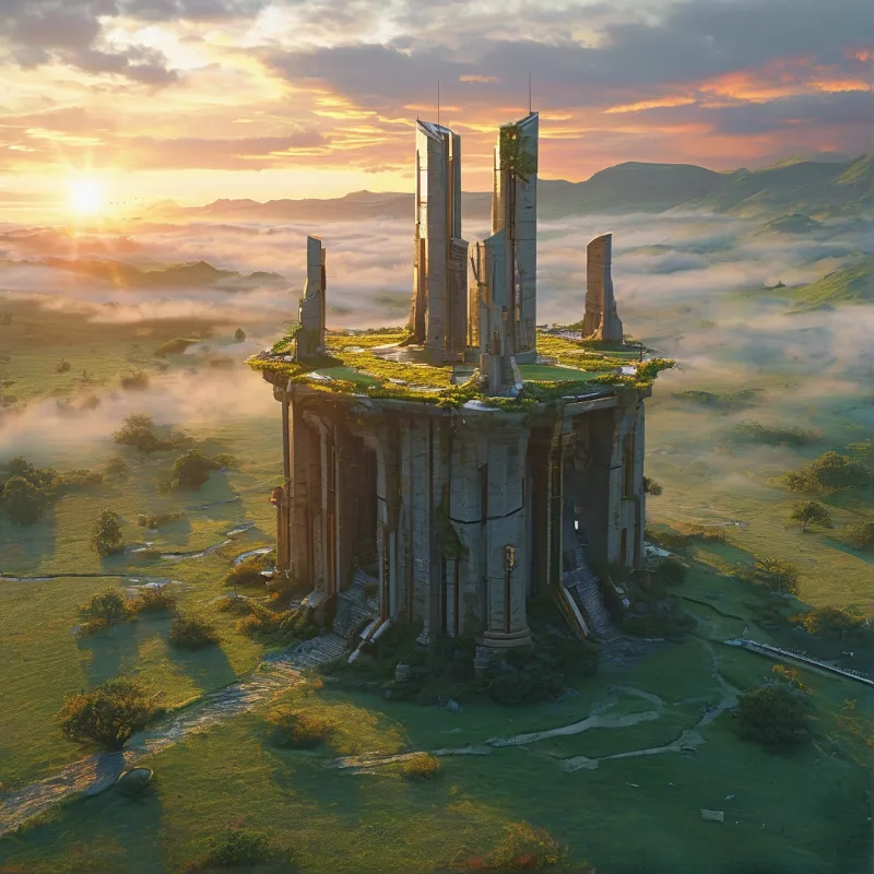 Ruined stone columns stand on a grassy plateau surrounded by mist and rolling hills at dawn.