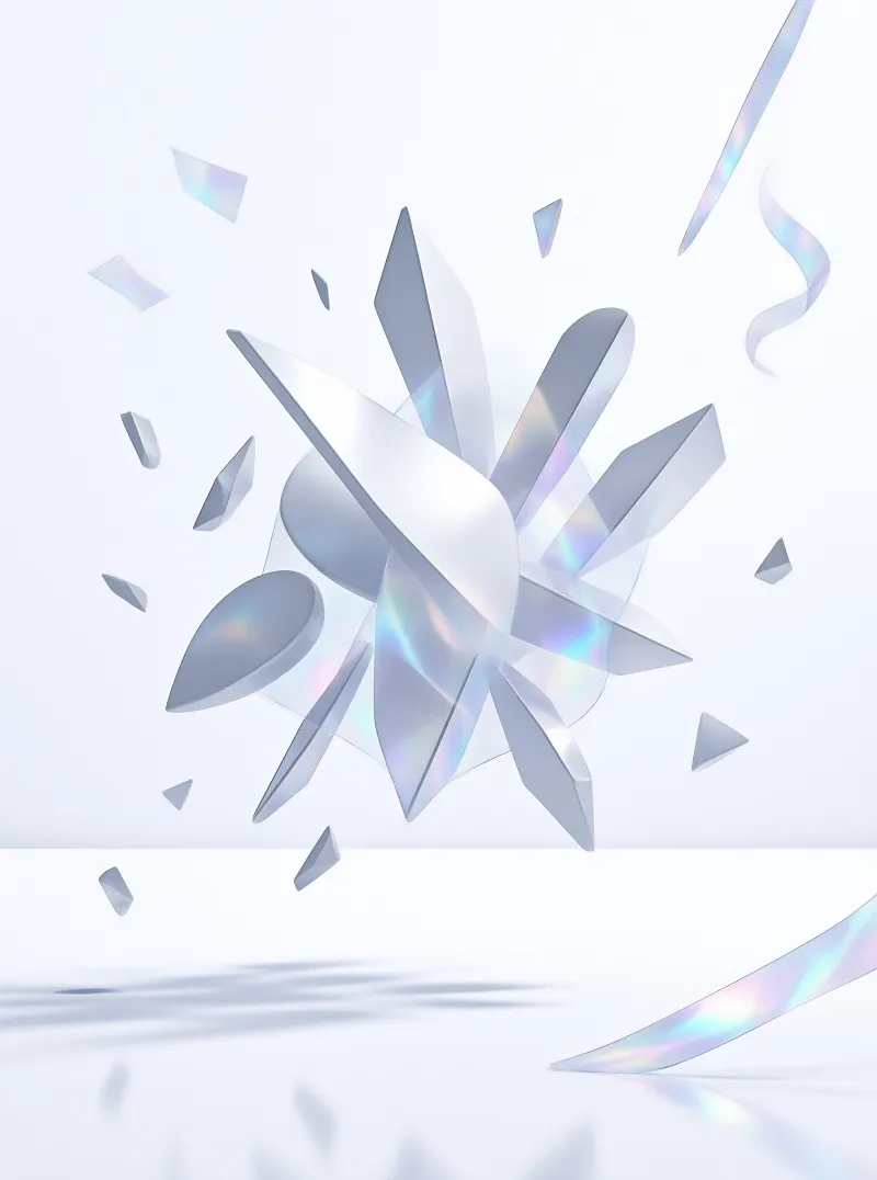 A three-dimensional rendering of iridescent white crystal shards bursting outward on a reflective glossy surface with rainbow reflections.
