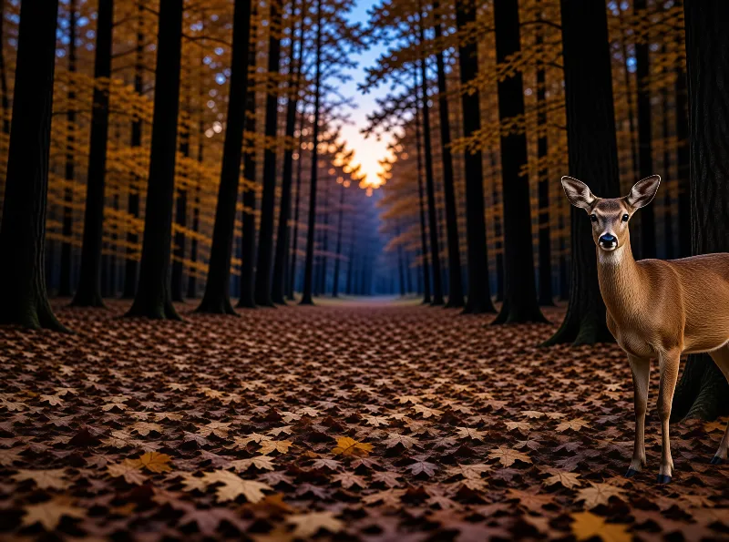A deer stands on a leaf covered path between tall dark tree trunks with warm sunset light glowing at the far end
