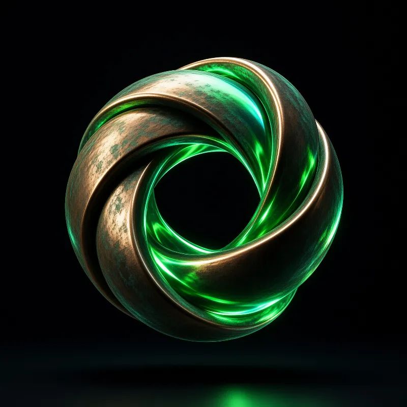 A twisted bronze object with bright green light reflected on its curved metallic surfaces against a dark void.
