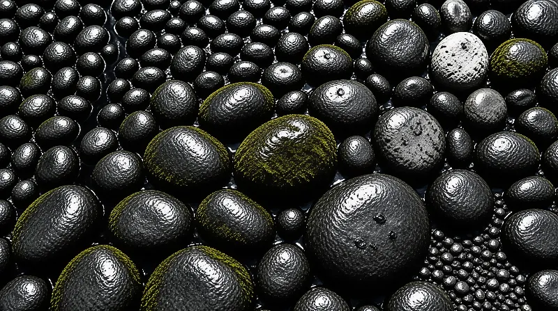 A close up view of many shiny black fruits tightly packed together with patches of green moss on some surfaces.