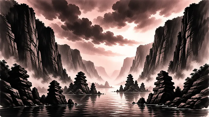 Illustrated landscape showing a calm lake bordered by towering rocky cliffs with rain falling through dramatic cloudy skies.