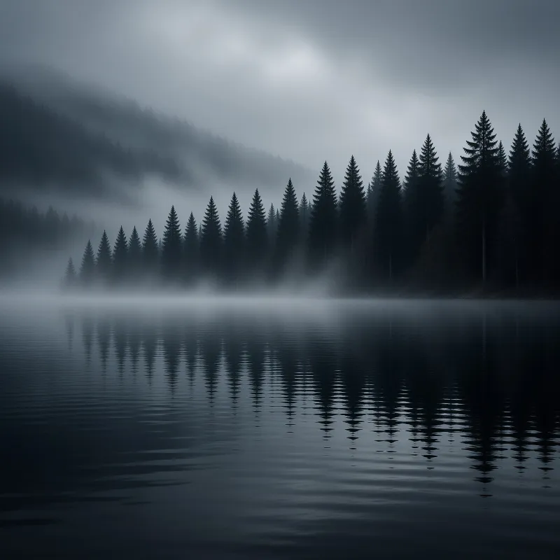 Dark coniferous trees line a misty lake shore with their silhouettes reflected in the calm grey water below.