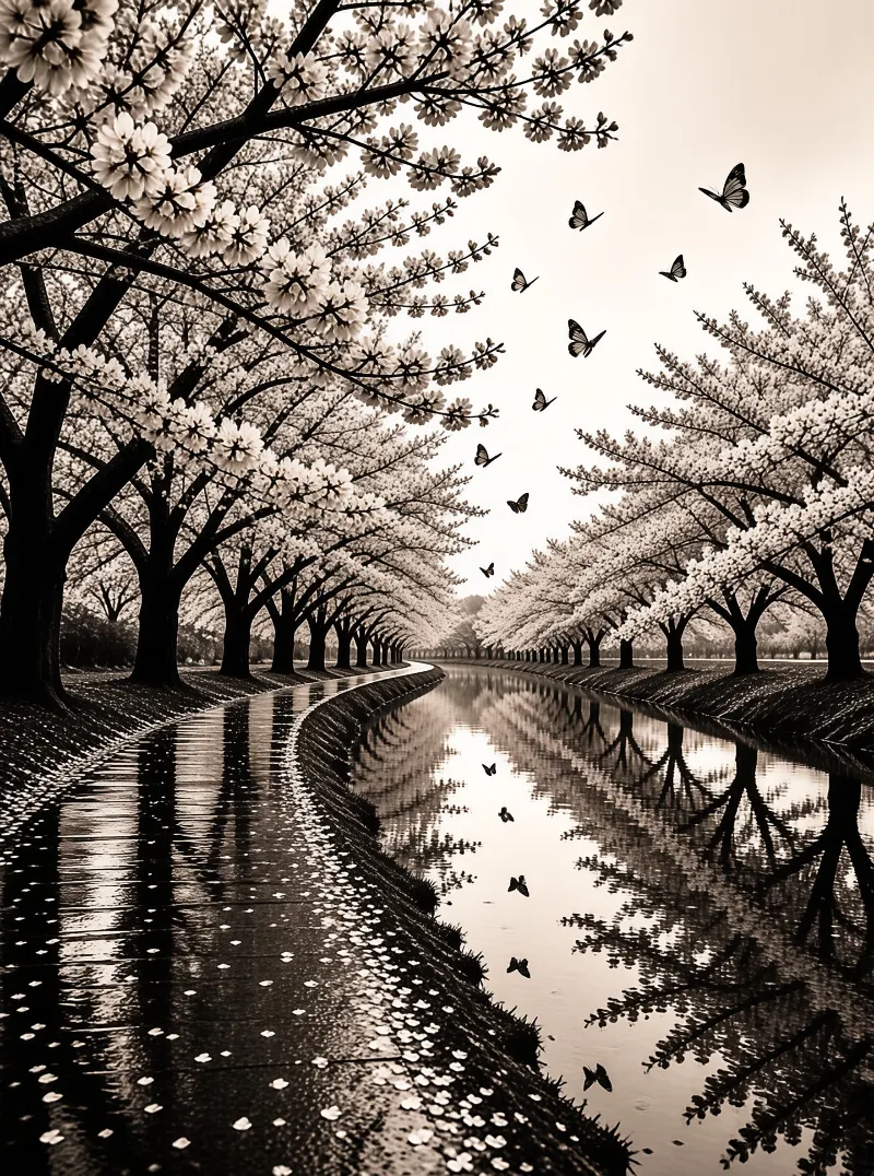 Rows of pale spring blossoms arch over a narrow waterway where butterflies drift above the mirrored surface.