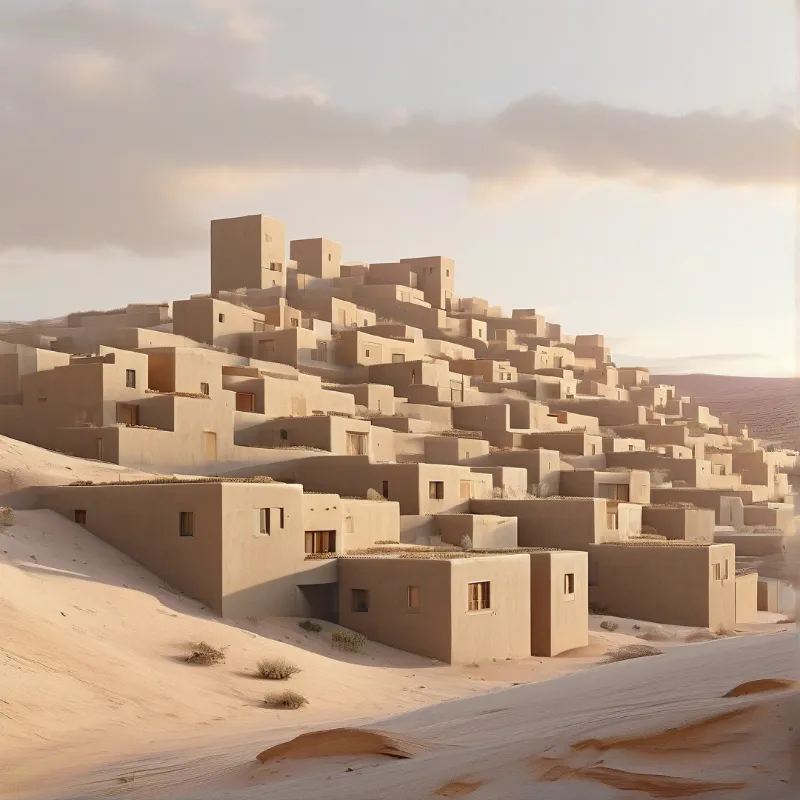 Terraced cubic houses of sandy stone descend a hillside under a soft hazy sky