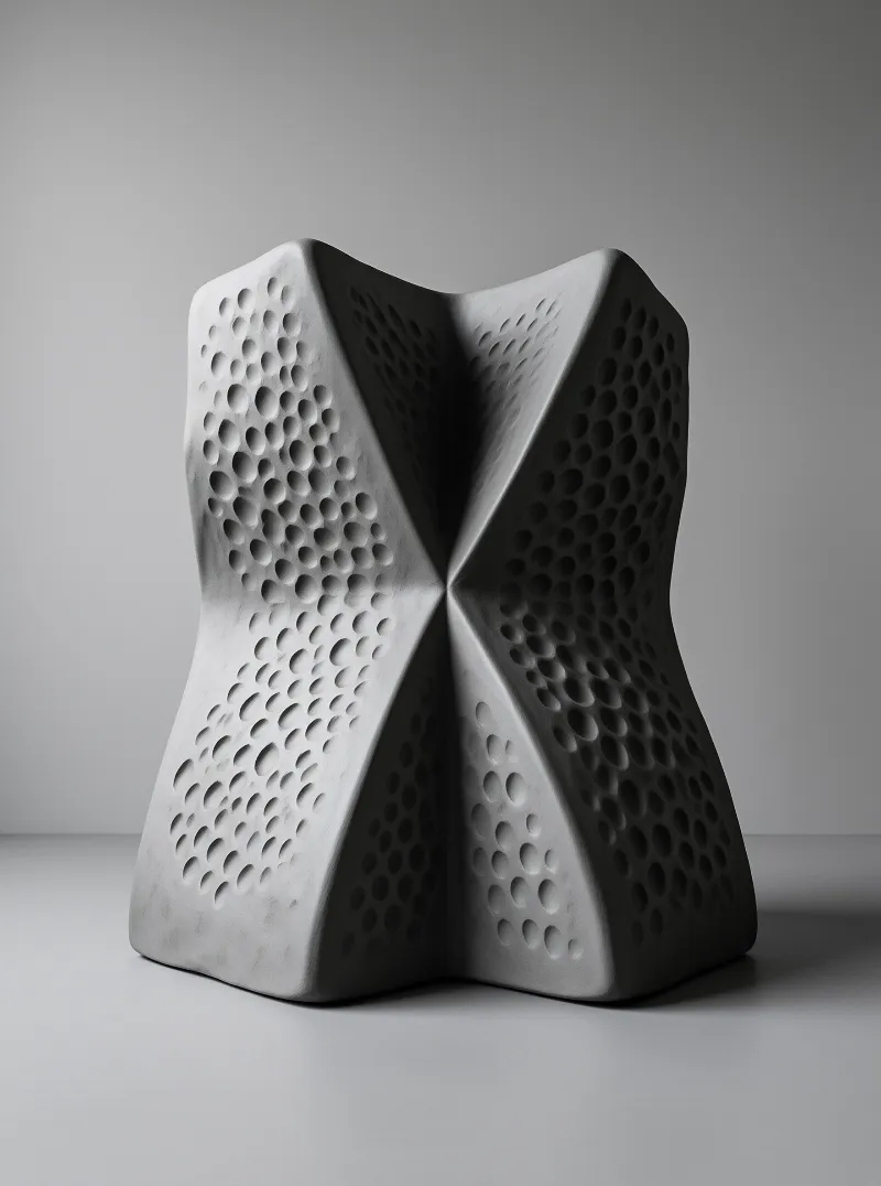 A twin lobed grey sculpture pocked with dimples stands on a seamless floor against a soft neutral wall.