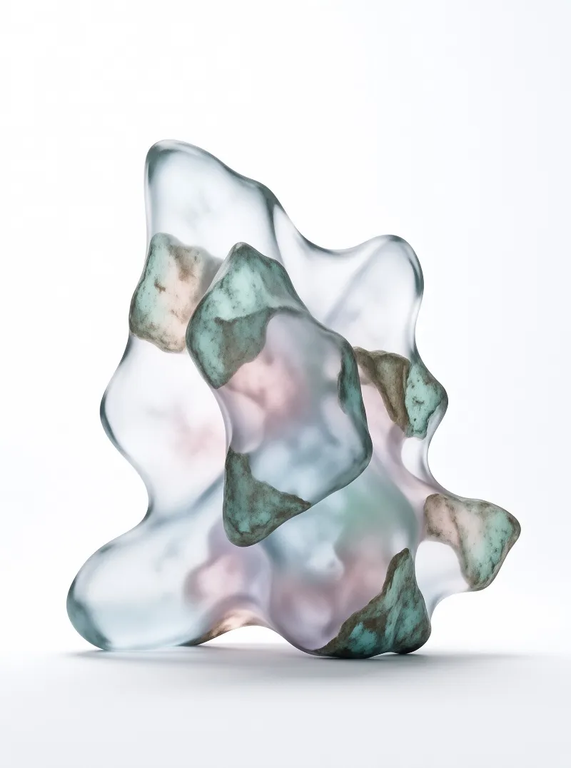A clear organic shape containing teal and brown mineral inclusions sits against a bright white backdrop with soft shadows