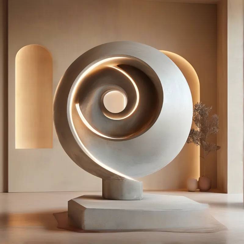 A large circular concrete artwork stands on a low pedestal in a warm beige room with arched niches and soft lighting.