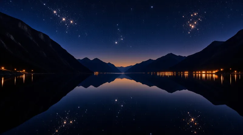 Mountain silhouettes surround a calm water surface reflecting constellations and orange path lights.