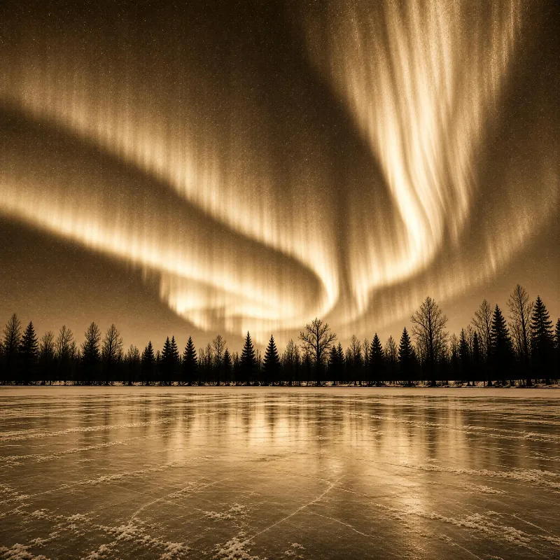Aurora borealis creates glowing, flowing bands of light over a frozen lake, with a forest of evergreen and leafless trees standing silhouetted against the night sky