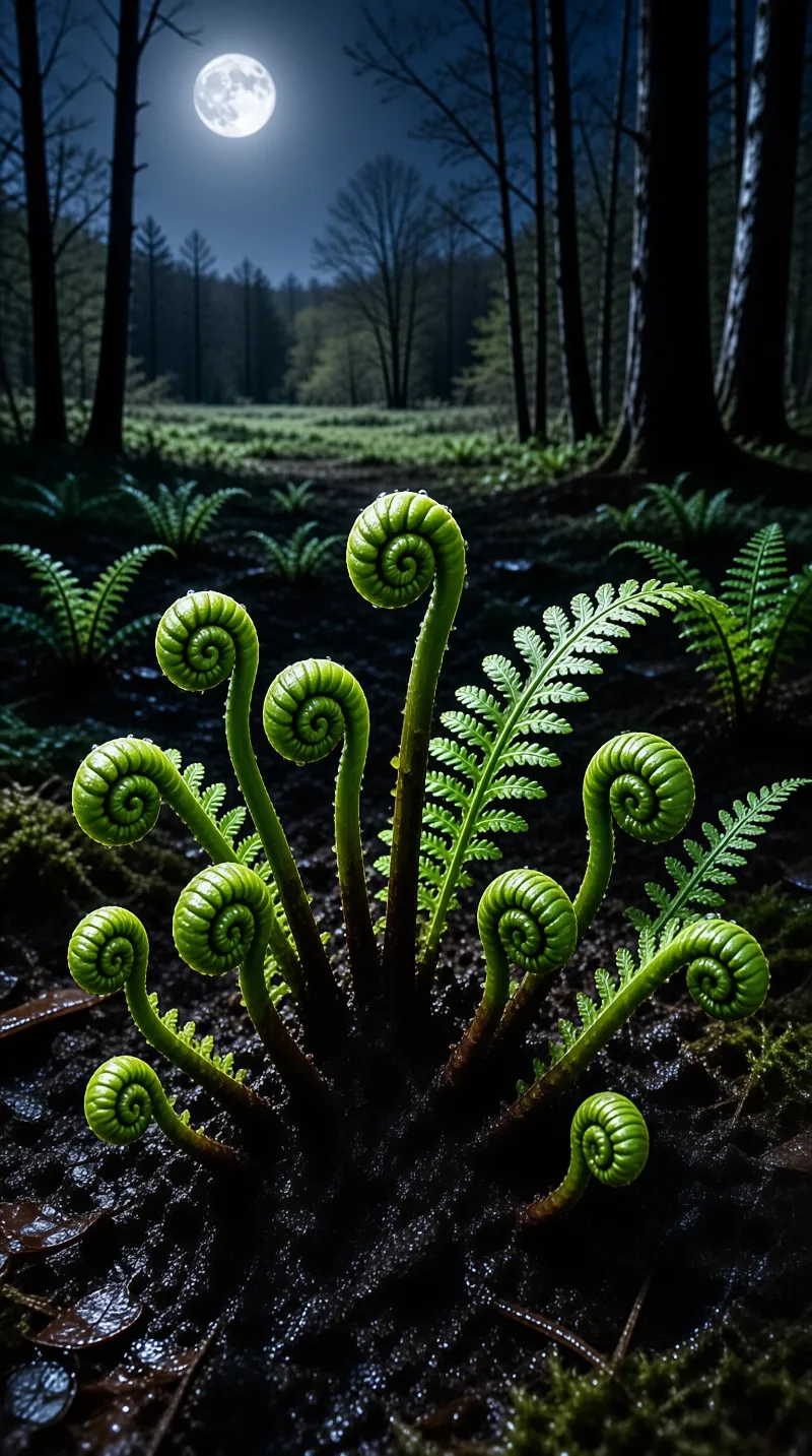 A cluster of green fern spirals emerges from the dark forest floor beneath a glowing full moon in the night sky.
