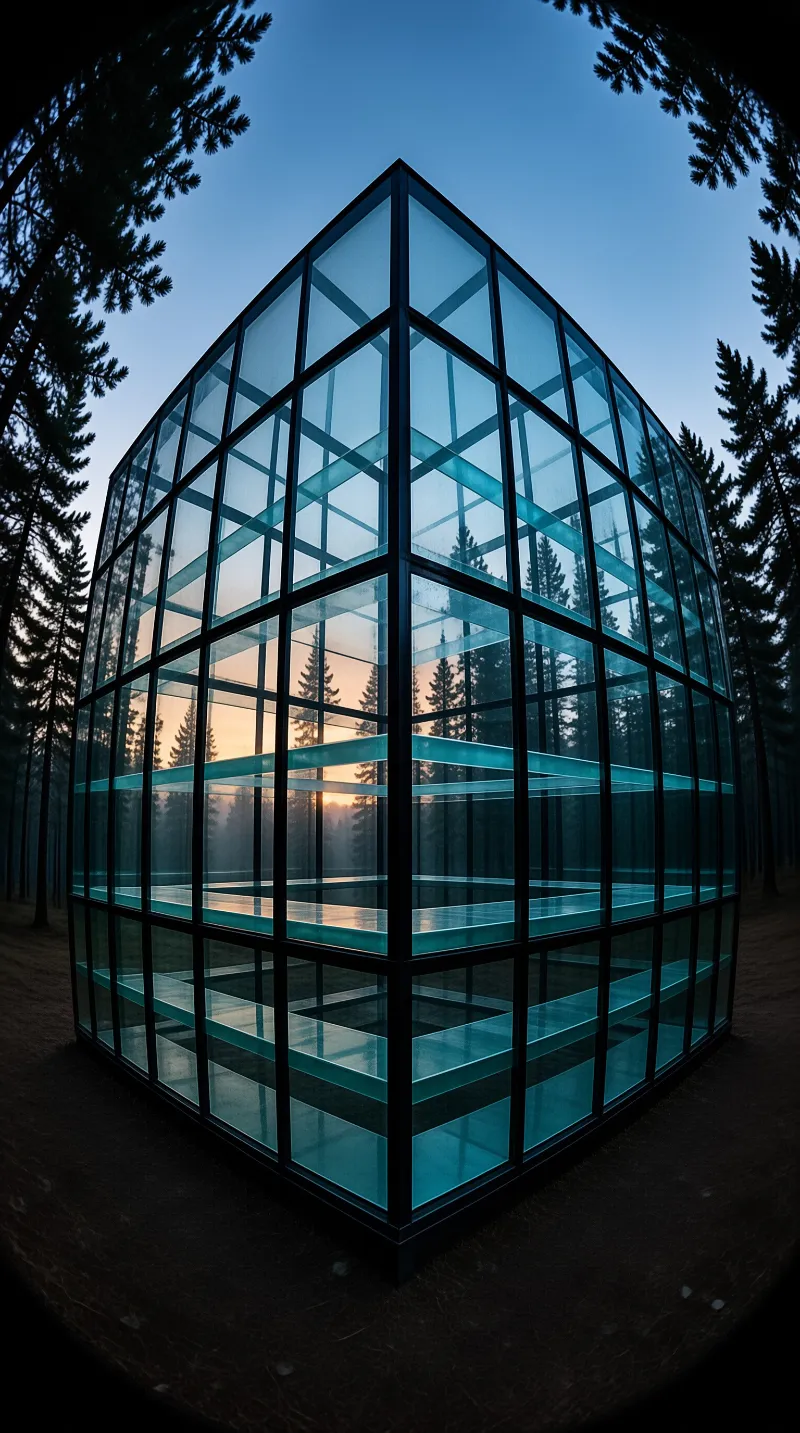 A large transparent room with black framing sits among tall trees while a sunset glows behind the glass panes.