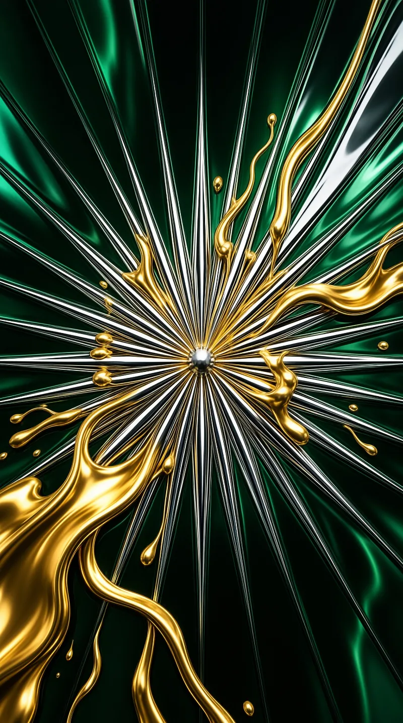 Sharp metallic needles radiate from a central silver bead while rivers of liquid gold flow across emerald green.