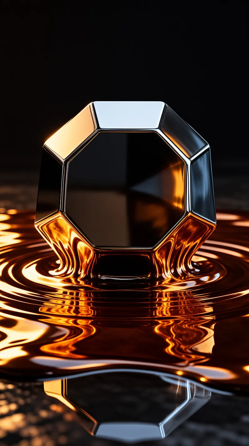 A dark geometric ring sits partially inside a rippling pool of golden viscous liquid against a black background.