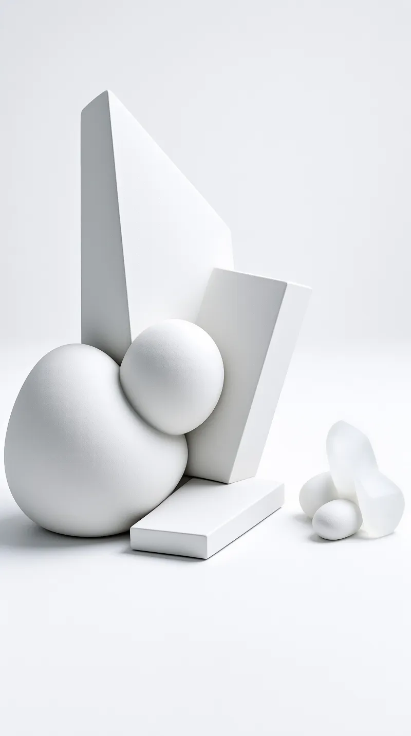 Matte white spheres, wedges and slabs lean together on a seamless pale surface with soft shadows and bright highlights.