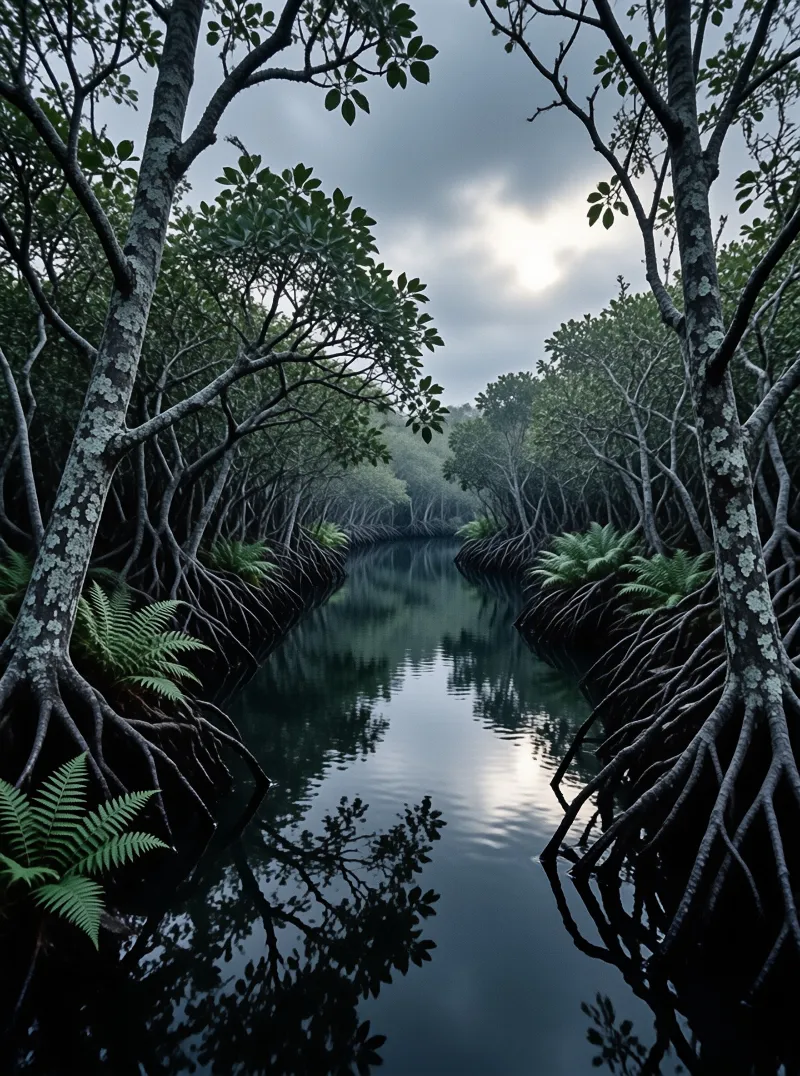 A narrow waterway winds through a dense mangrove forest with intricate root systems under an overcast sky.