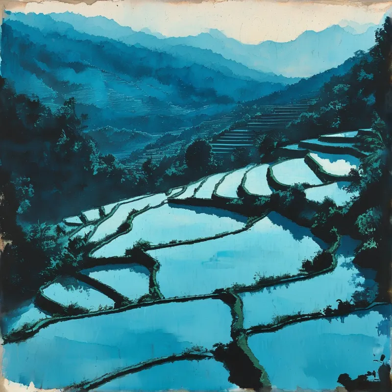 A painting of blue rice paddies filling a valley as distant mountains fade into the hazy light.