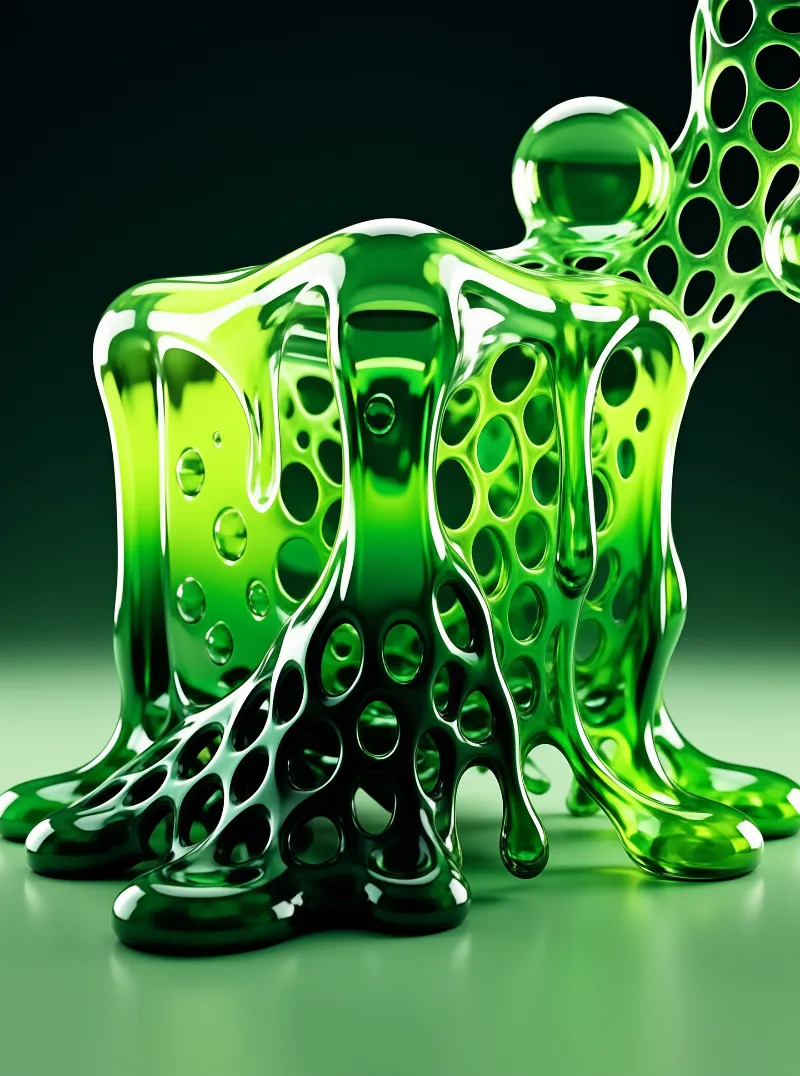 Glossy green porous object standing on reflective floor with bright highlights reflecting off curved surface.