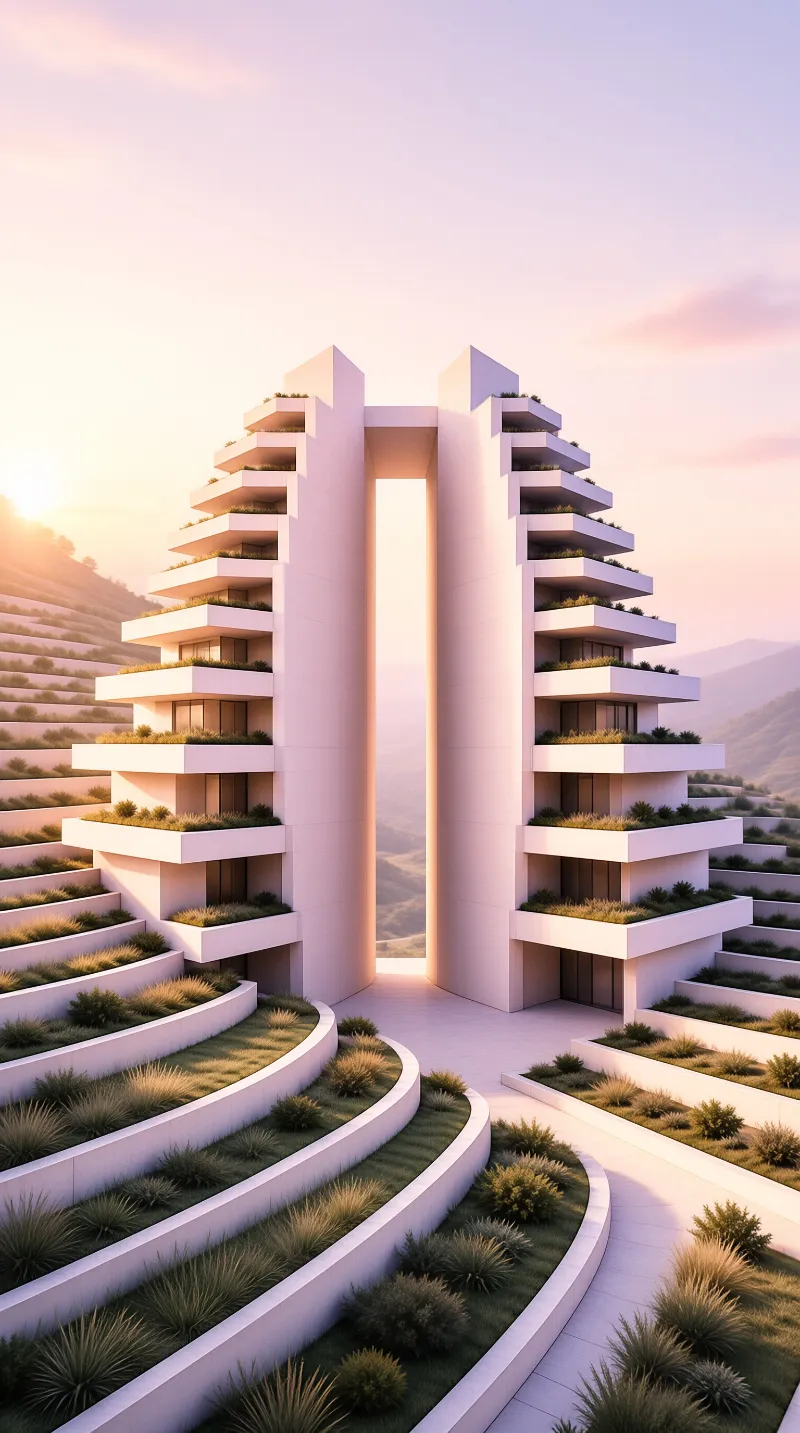 Two terraced white towers frame a tall rectangular gateway that opens onto rolling mountains at sunrise.