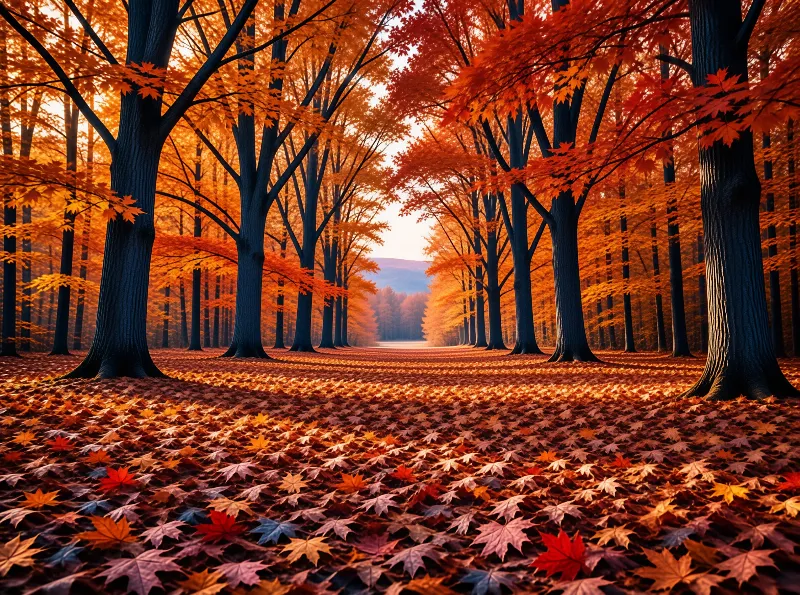 A forest path stretches into the distance surrounded by tall trees with vibrant orange autumn foliage.