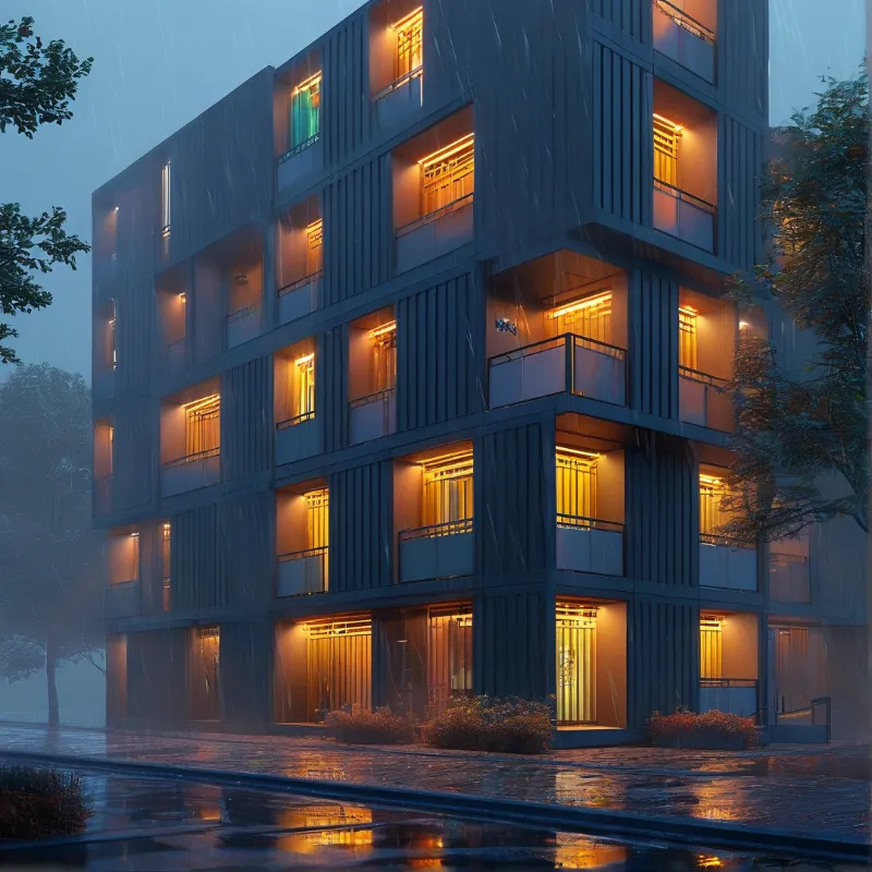 Modern Building in Rain