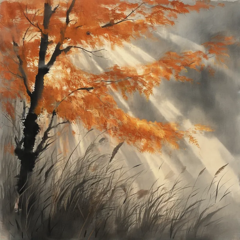 An autumn maple tree with bright orange foliage stands in tall reeds, with slanting sun rays filtering through its branches.