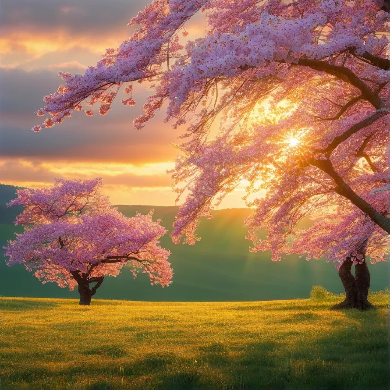 Cherry Blossom Sunset Field