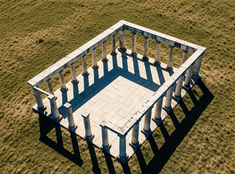 A high angle photograph shows an open classical column structure situated in a grassy meadow, with strong sunlight projecting sharp, elongated shadows across the paved platform and the surrounding green terrain.