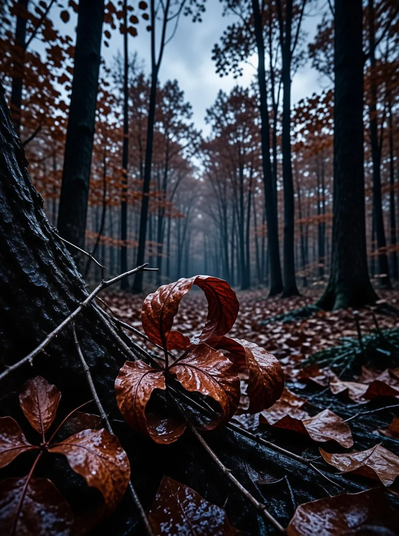 Glossy rust-colored leaves rest against a dark tree trunk while bare trunks fade into a foggy autumn forest.