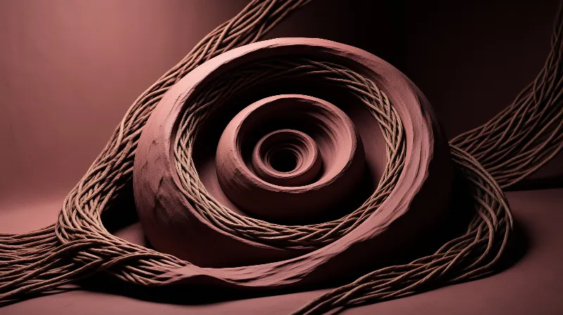 A three-dimensional abstract spiral forms a central focal point surrounded by thick braided ropes and dramatic pink lighting.