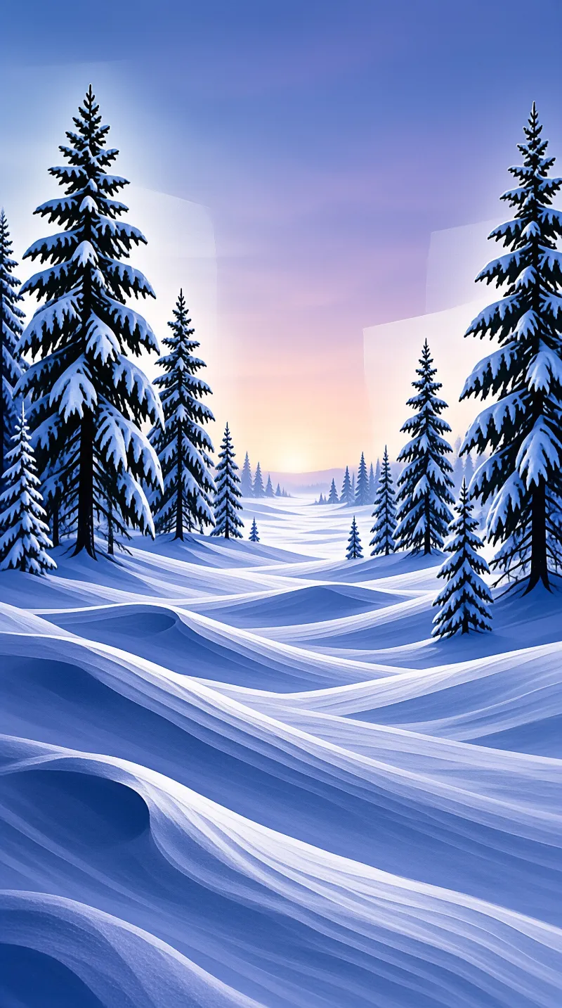 Snowy evergreen forest under a gradient sky transitioning from blue to warm orange at sunrise.