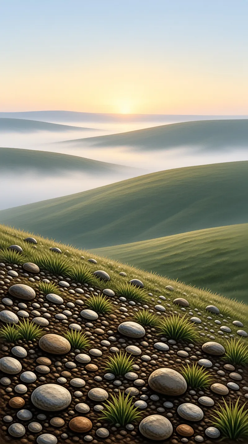 Smooth river rocks and tufts of grass lead the eye toward fog covered green mountains under a glowing sky.
