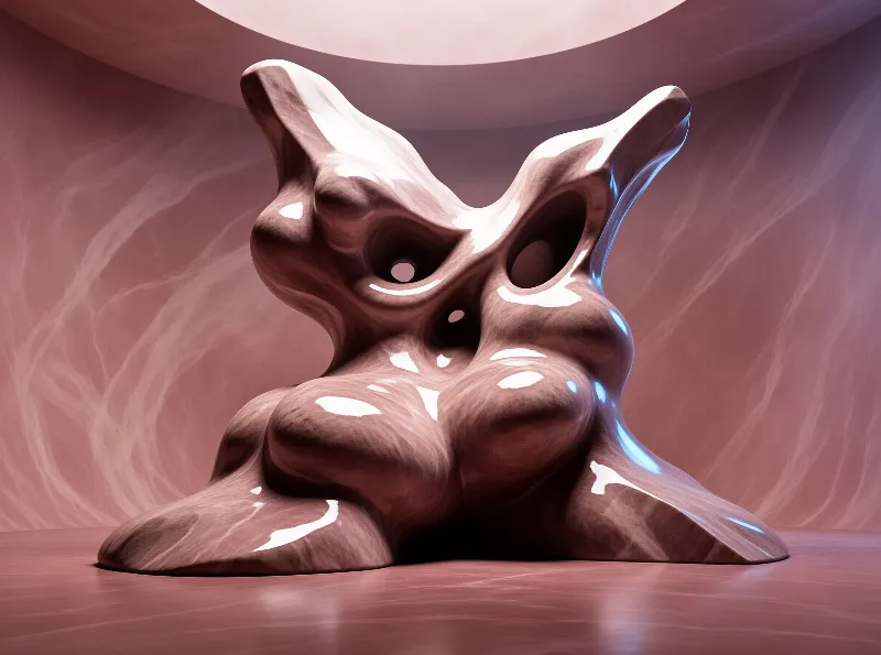 A shiny abstract form resembling a skull sits inside a curved pink chamber with blue reflections on its right side.