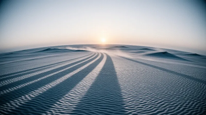 A wide view of desert sand showing wave-like textures created by wind while a low sun glows on the distant horizon.
