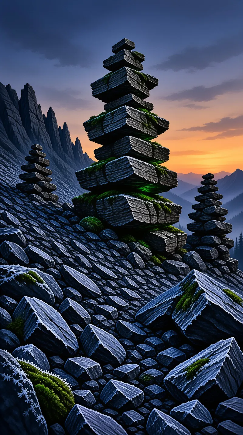 Layered slate rocks form tall pillars across a rocky ridge under a sky that shifts from blue to warm orange at the horizon
