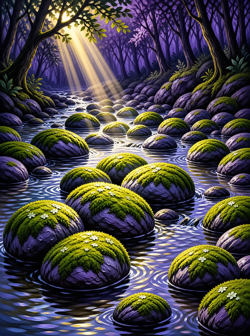 Rounded purple stones covered in green moss sit in a stream illuminated by golden sunbeams.
