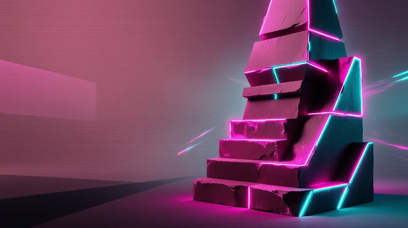 Stacked grey concrete blocks rise like an obelisk, their seams glowing with magenta and cyan neon against a soft pink haze.