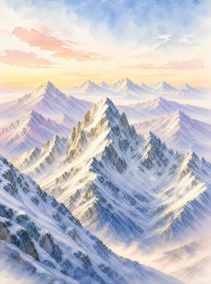 A vast mountain range with snow-covered peaks bathed in soft dawn light, with misty valleys and a sky painted in warm pastel hues