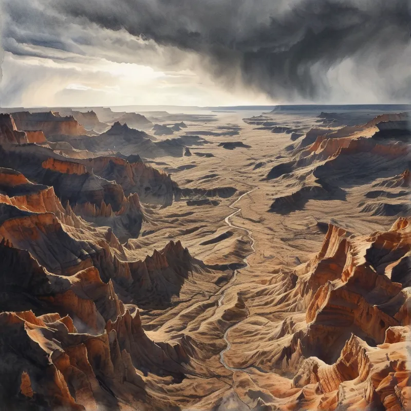 A vast desert canyon features eroded orange cliffs and a sinuous stream under dramatic dark storm clouds with sunlight breaking through on the left side