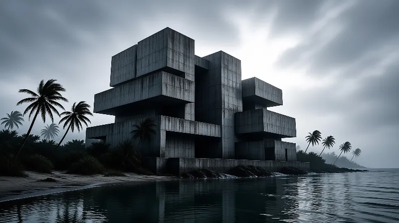 A massive brutalist concrete building stands on a dark rocky shore with silhouetted palm trees under a gloomy overcast sky.