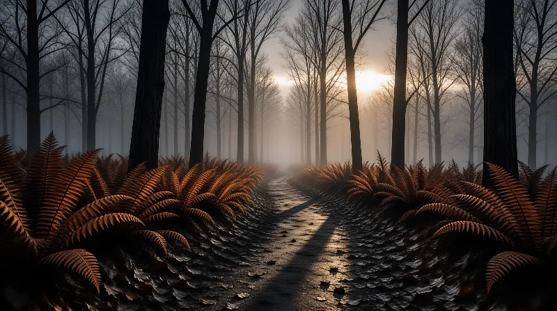 Misty Forest Path at Dawn