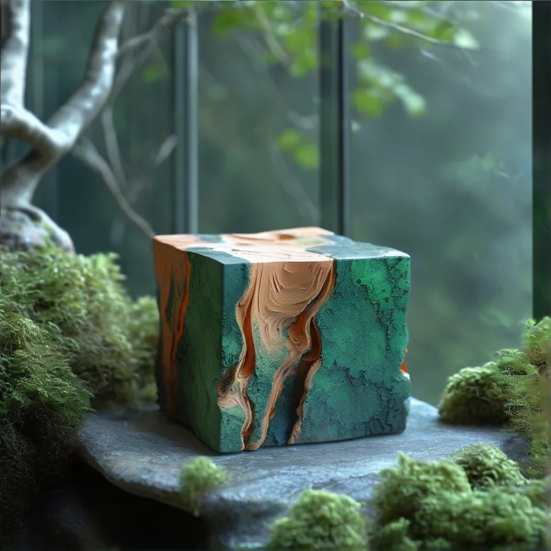A swirled mineral block rests on a moss covered rock surrounded by soft green foliage.