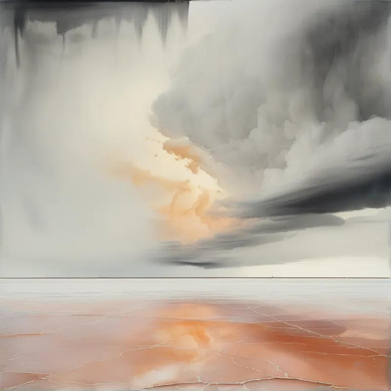 Cracked salt flat reflecting orange light beneath a sky of massive, billowing grey clouds and bright atmospheric breaks.