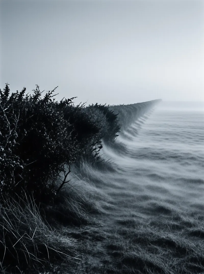 A dark hedgerow and rippling dune grass recede toward a calm grey sea wrapped in soft fog