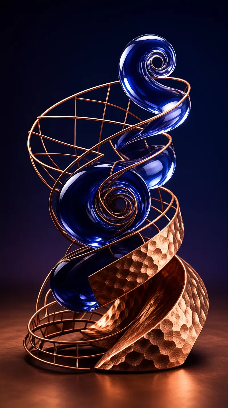 Shiny blue glass spiral weaving through copper wire structure with hammered metal base on dark surface.