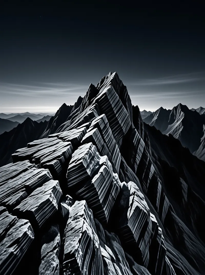 A jagged layered peak rises above hazy distant ranges in dramatic black and silver moonlight.