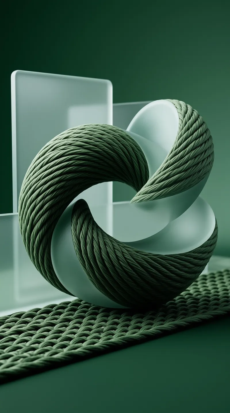 A thick braided green cord twists into a loop resting on a woven mat while smooth pale geometric forms sit behind it.